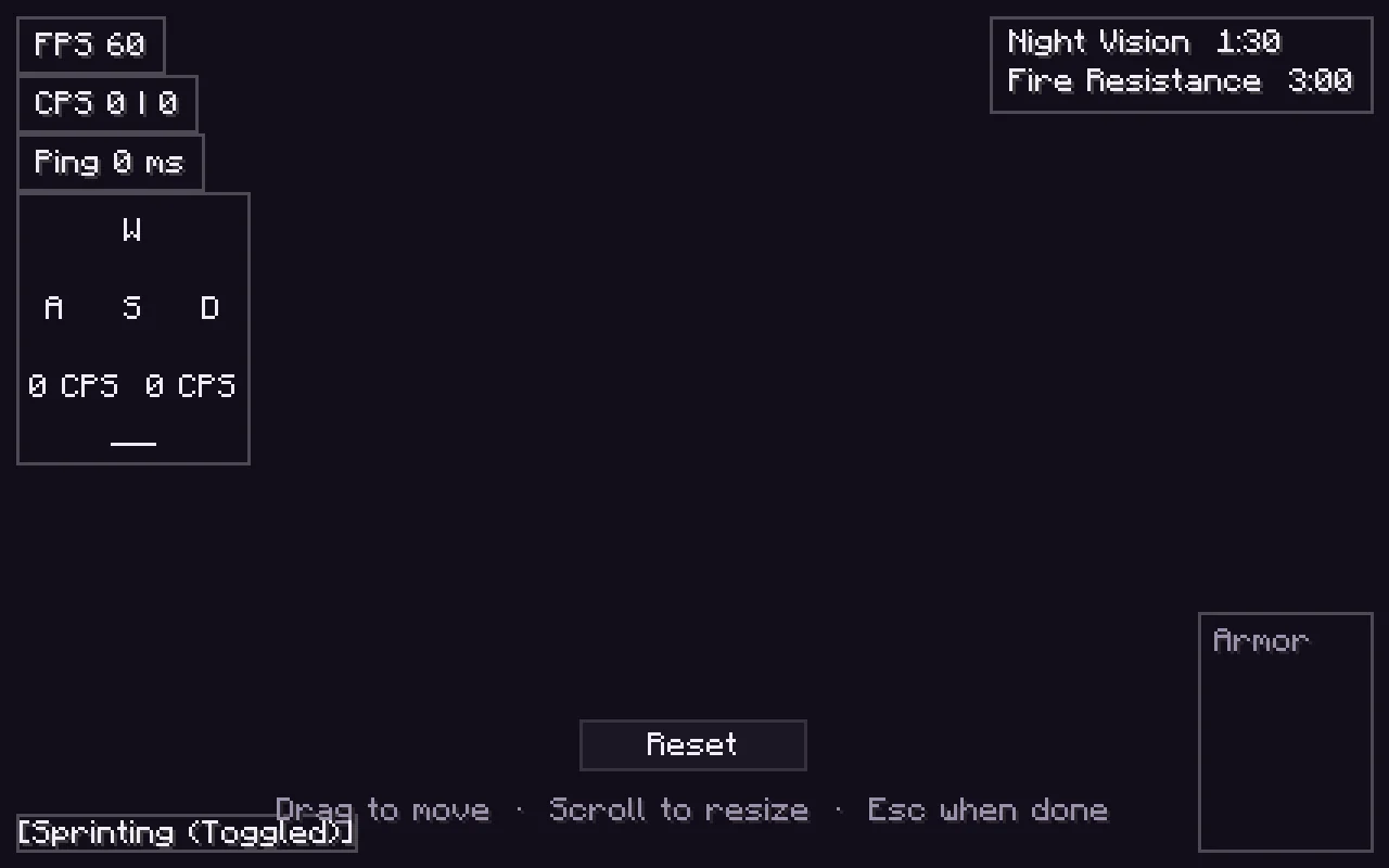 The HUD editor with FPS, CPS, Ping, Keystrokes, potion effects and armor placed around the screen