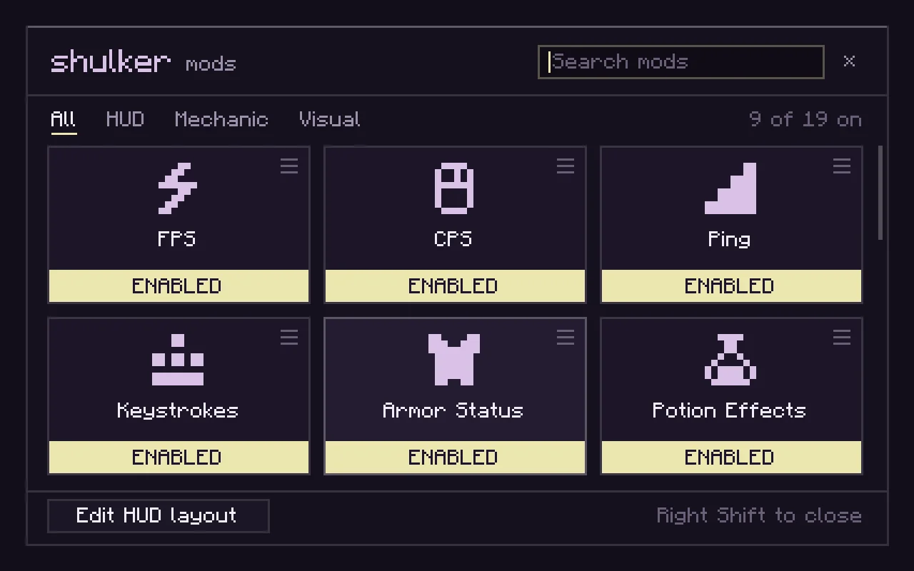 Shulker's in-game mod menu: a grid of mod cards with pixel icons and Enabled bars