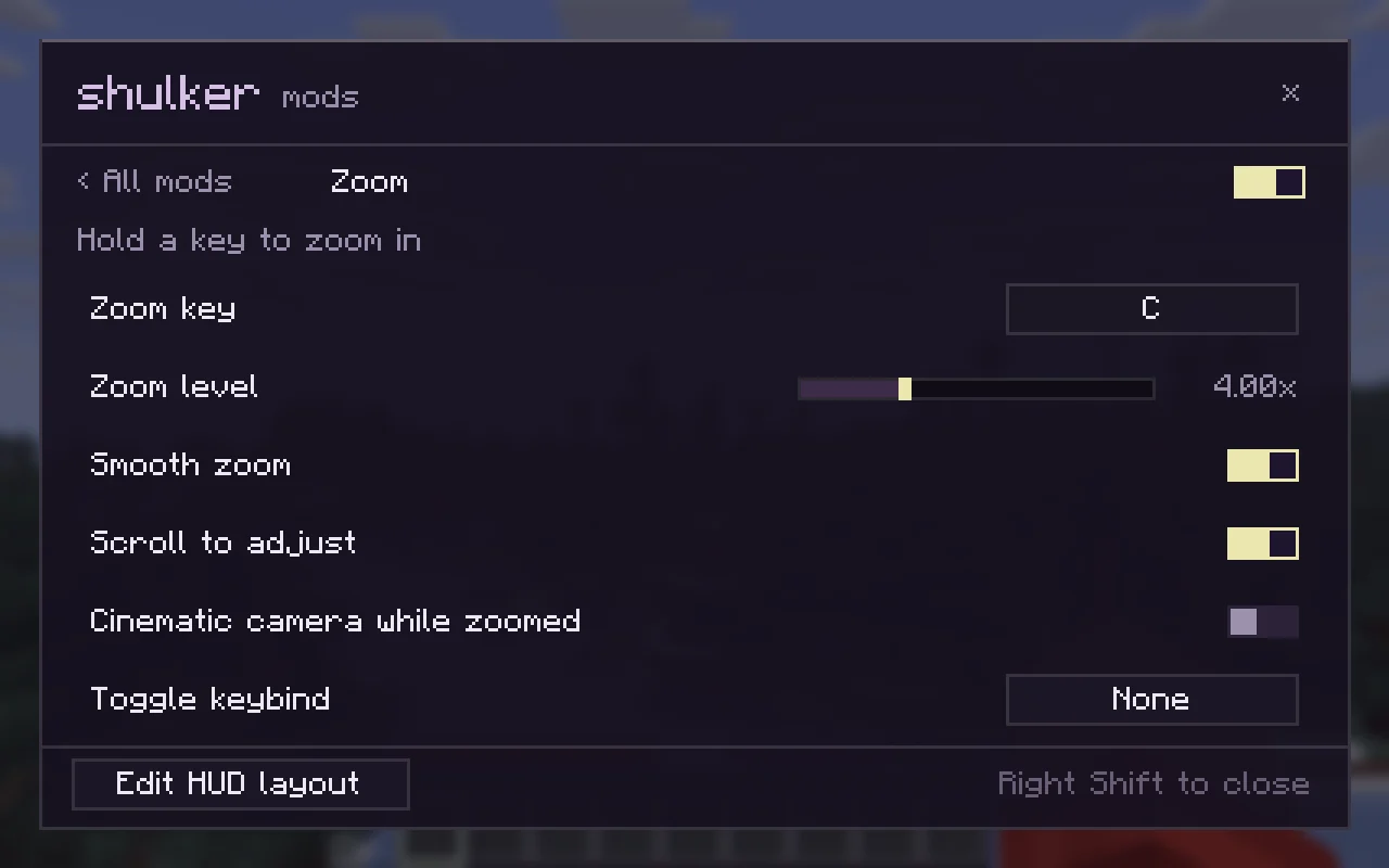 Zoom settings: zoom key, zoom level slider and toggles for smooth zoom and scroll to adjust