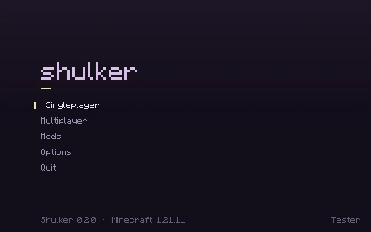 Shulker's minimal title screen: the wordmark and a column of actions