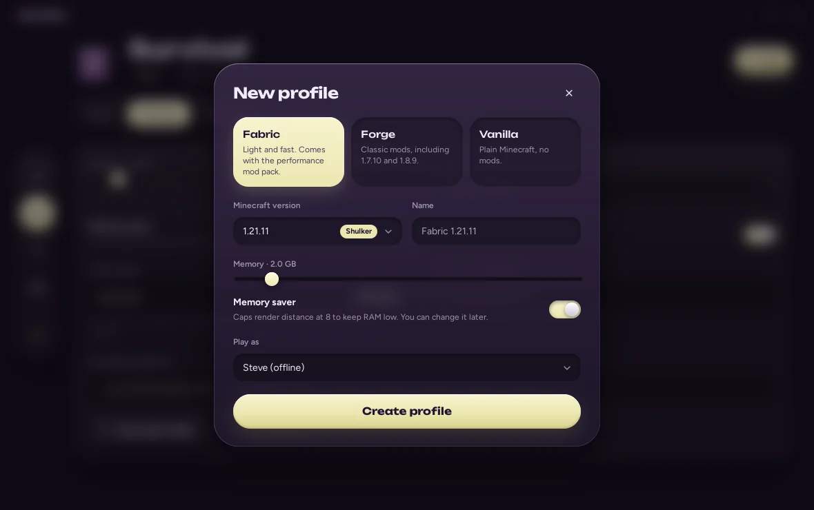 The New profile sheet: choose Fabric, Forge or Vanilla, a version, memory and an account